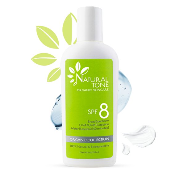 Natural Tone Organic Skincare SPF8 Protector solar mineral de amplio espectro Calmante e hidratante Vegano Sin parabenos Resistente al agua para rostro y cuerpo 6oz