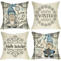 Hello Winter Gnome Grey Decorative Throw Pillow Covers 18 x 18 Set of 4, Warm Winter Wishes Snowflake Plaid Farmhouse Cushion Case Decor, Baby It''s Cold Outside Let It Snow Home Decoration
