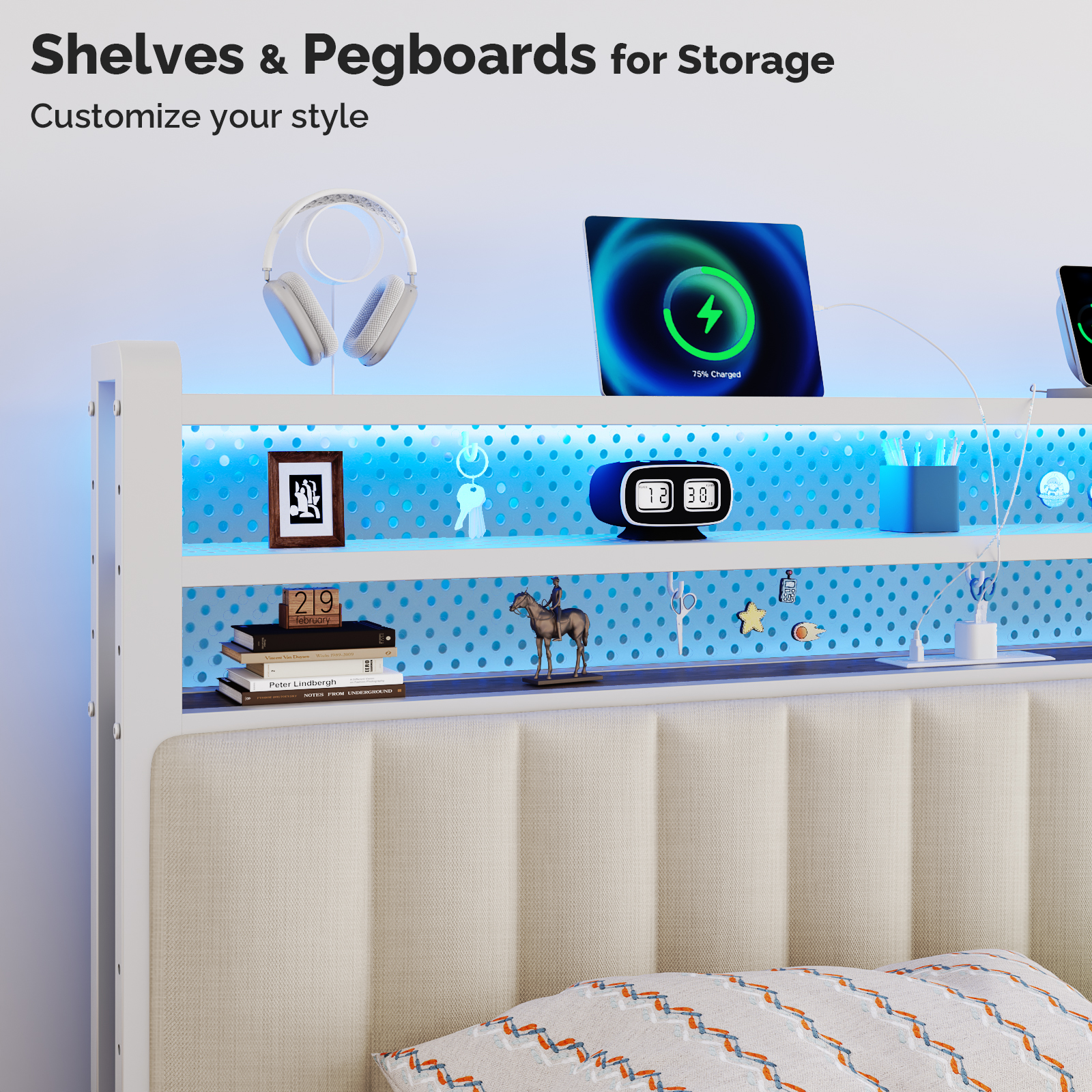 Zimtown Headboard for Twin Size Bed with Storage, Linen Upholstered Head Board with LED Light and Charging Station, White