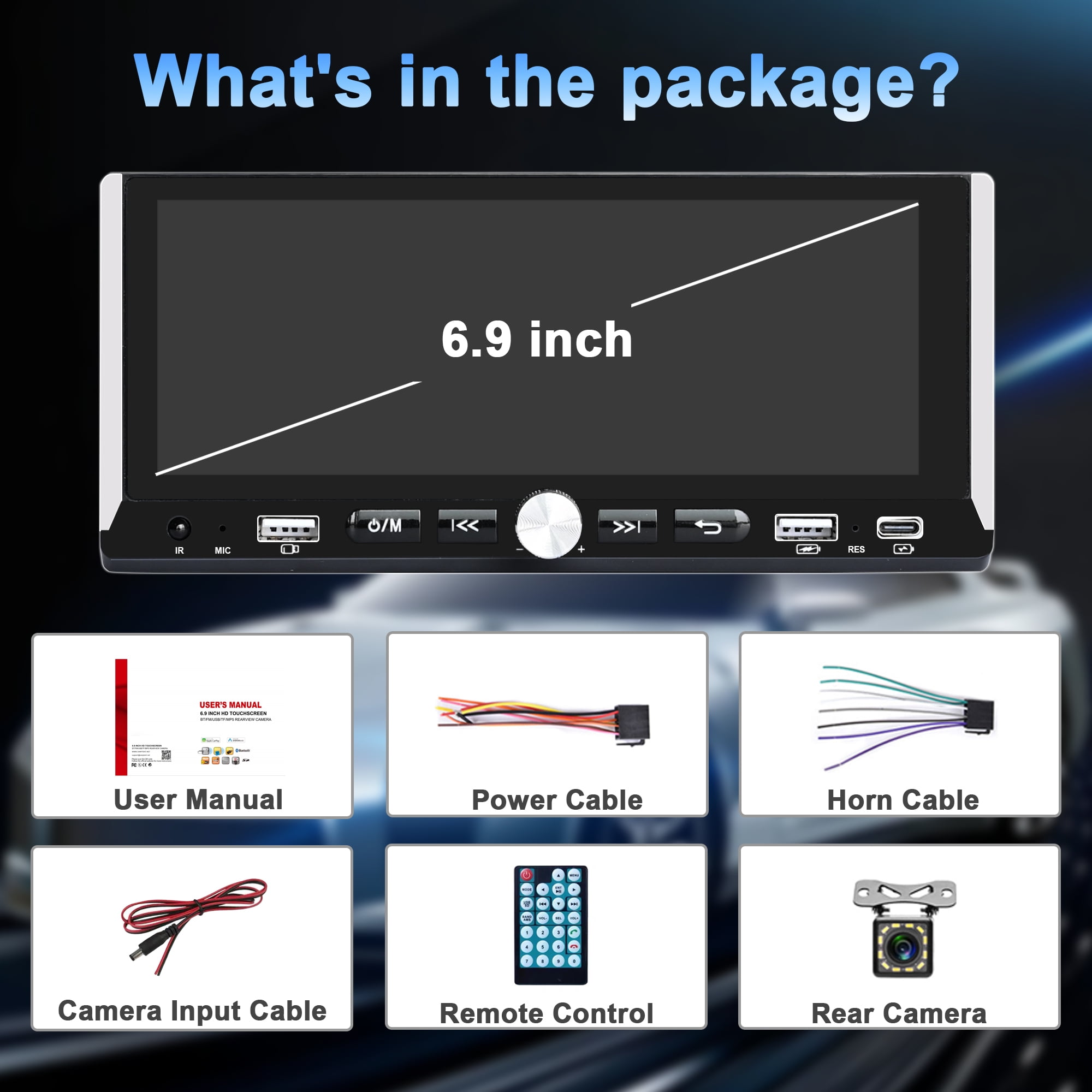 Wireless Single Din Car Stereo, 6.9" Touchscreen Car Audio Receiver, Apple Carplay & Android Auto, Bluetooth, Type-C/USB Fast Charging, Rear Camera