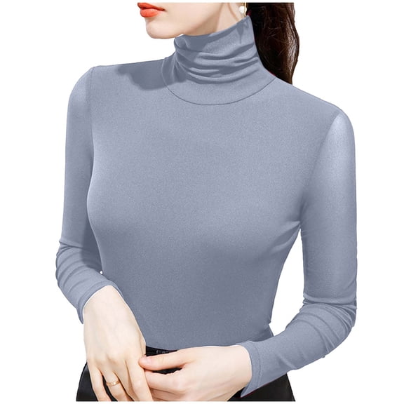 Wyobmus Women Turtleneck Shirt Long Sleeve Slim Fitted Lightweight Tees Casual Active Layer Tops Shirts Stretch Thermal Undershirts Gray