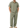 thumbnail image 3 of Awwp Men's Linen 2 Piece Outfits Short Sleeve Shirts & Long Pants Set Casual Loose Summer Matching Vacation Suit Army Green Size: 2Xl, 3 of 7