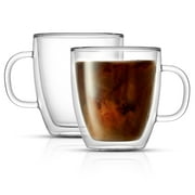 JoyJolt Double Wall Insulated Glass Coffee Mug (Set of 2) 13.5 oz with Handle, Glass Tea Cup, Large Mug