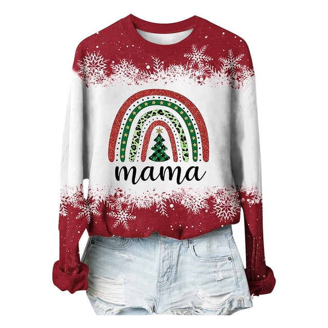 Camisas navideñas para mujer, sudadera ligera con cuello redondo de manga larga estampada, camisetas cómodas gráficas Pompotops gfhjh14652