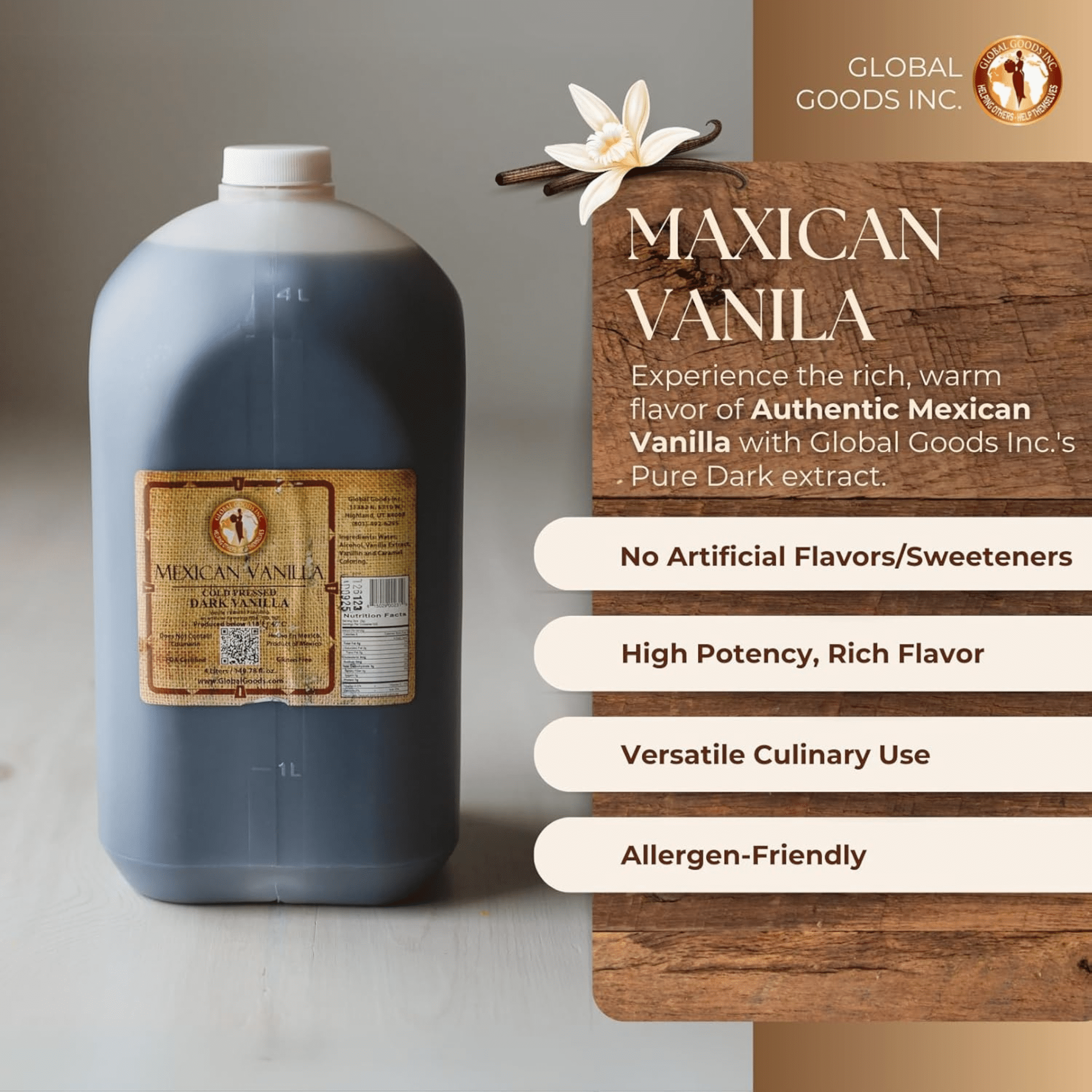 Pure Dark Mexican Vanilla Extract Gluten Free Vanilla for Baking Cakes, Cookies, Desserts, Coffee & Beverages Natural, Bold Flavour 4 Liter / 135.25 fl oz bottle