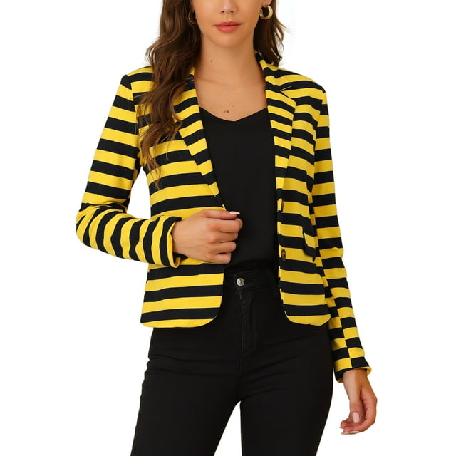 INSPIRE CHIC Blazer à Rayures pour Femme à Revers Cranté, Manches Longues, Boutonné, TP Jaune Noir