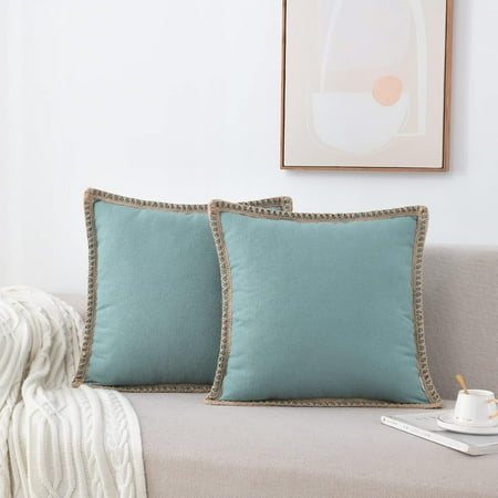 

Set of 2 Farmhouse Throw Pillow Covers - Burlap Linen Trimmed Tailored Edges Decorative Cushion Covers for Bed Home Outdoor Decoration (2 Pieces 26 x26 Teal Green/Linen Band)