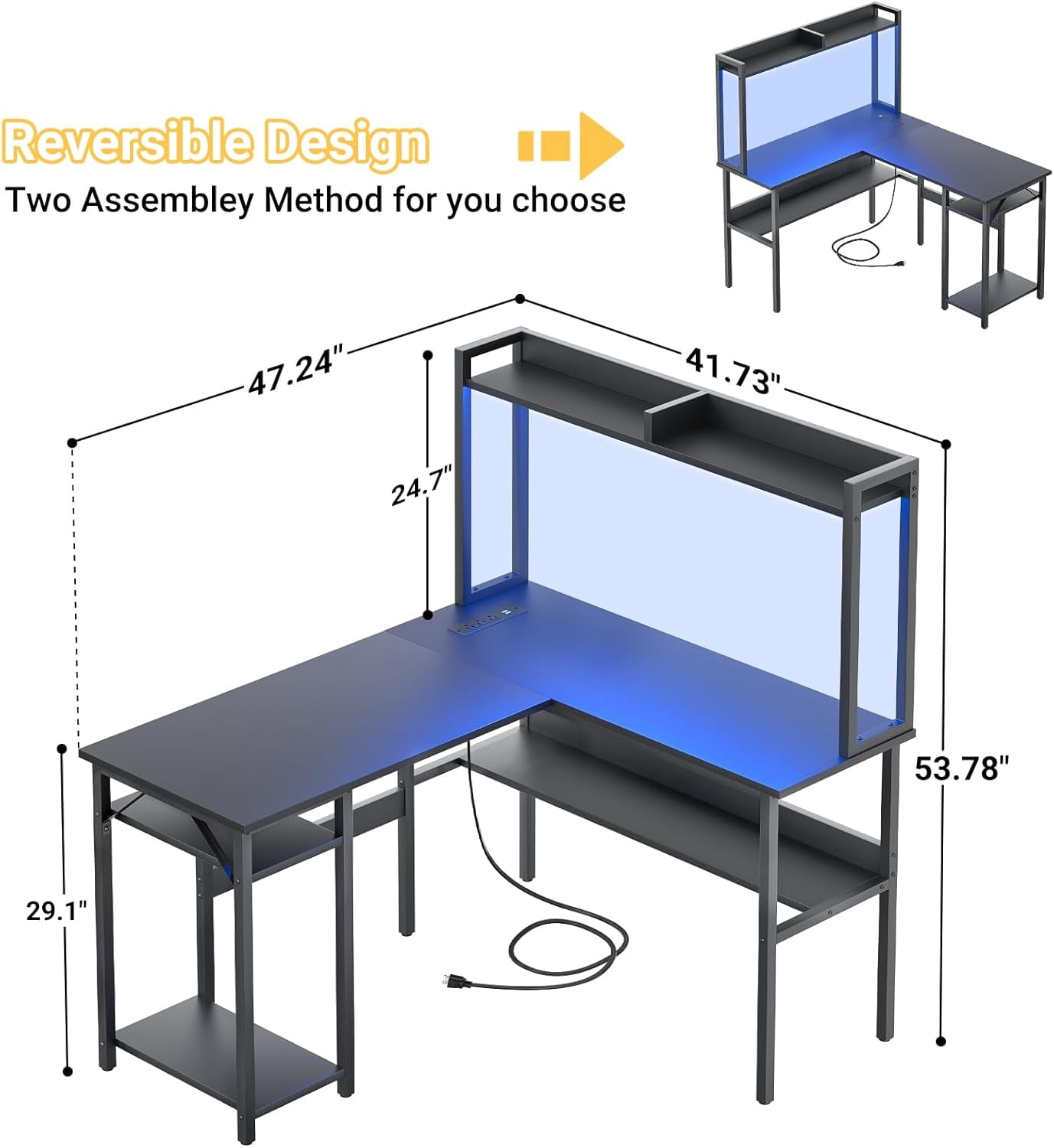 Homieasy L Shaped Gaming Desk with LED Strip and Power Outlets, Reversible L-Shaped Computer Desk with Storage Shelves, Corner Desk with Hutch, 2 Person Home Office Desk, Black