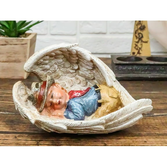 Rustic Western Cowboy Angel Baby Peacefully Sleeping In Giant Wings Figurine