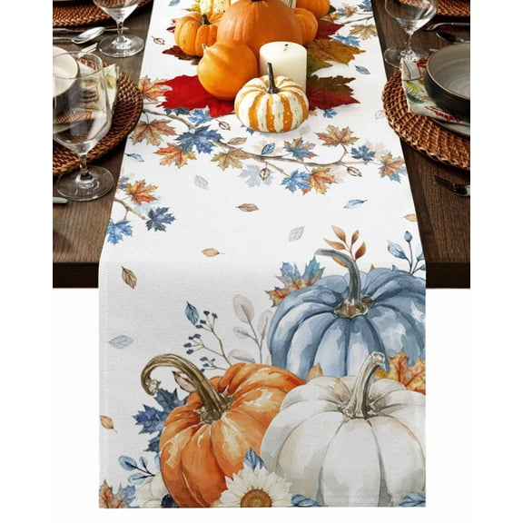 Table Runner Dresser Scarves 60 Inch Long,Thanksgiving Fall Harvest Pumpkin Linen Dining Table Runners Maple Leaves Floral on White Tabletop Scarf for Wedding Holiday Party Kitchen