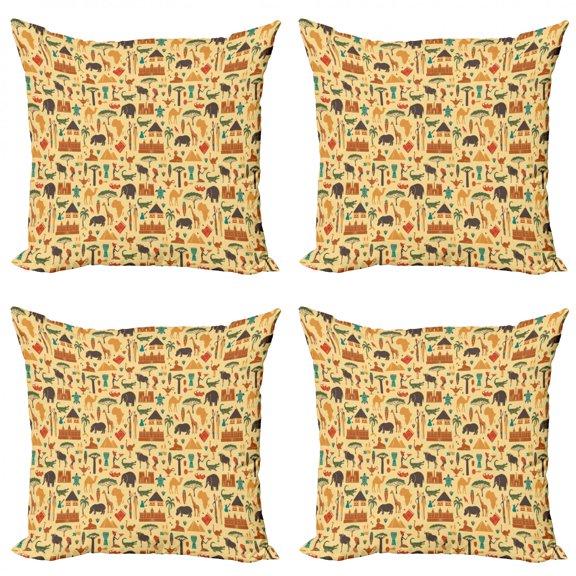 Ethnic Throw Pillow Cushion Case Pack of 4, Traditional Motifs Camels Crocodiles and Giraffes Bohemian, Modern Accent Double-Sided Print, 4 Sizes, Multicolor, by Ambesonne