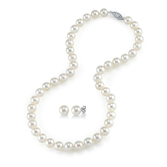 14K Gold 8-9mm White Freshwater Cultured Pearl Necklace & Earrings Set, 18" Length - AAA Quality