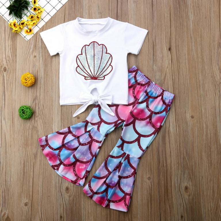 Toddler Baby Girls Mermaid Outfits Cotton Short Sleeve T Shirt Top+Fish  Scale Bell Bottom Pant Outfits Sets