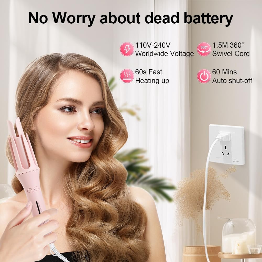 Inch Automatic Rotating Curling Iron with 4 Temperature Settings, Dual Voltage & Fast Heating, Perfect Hair Curler Wand for Women with Long, Medium or Short Hair (Pink)