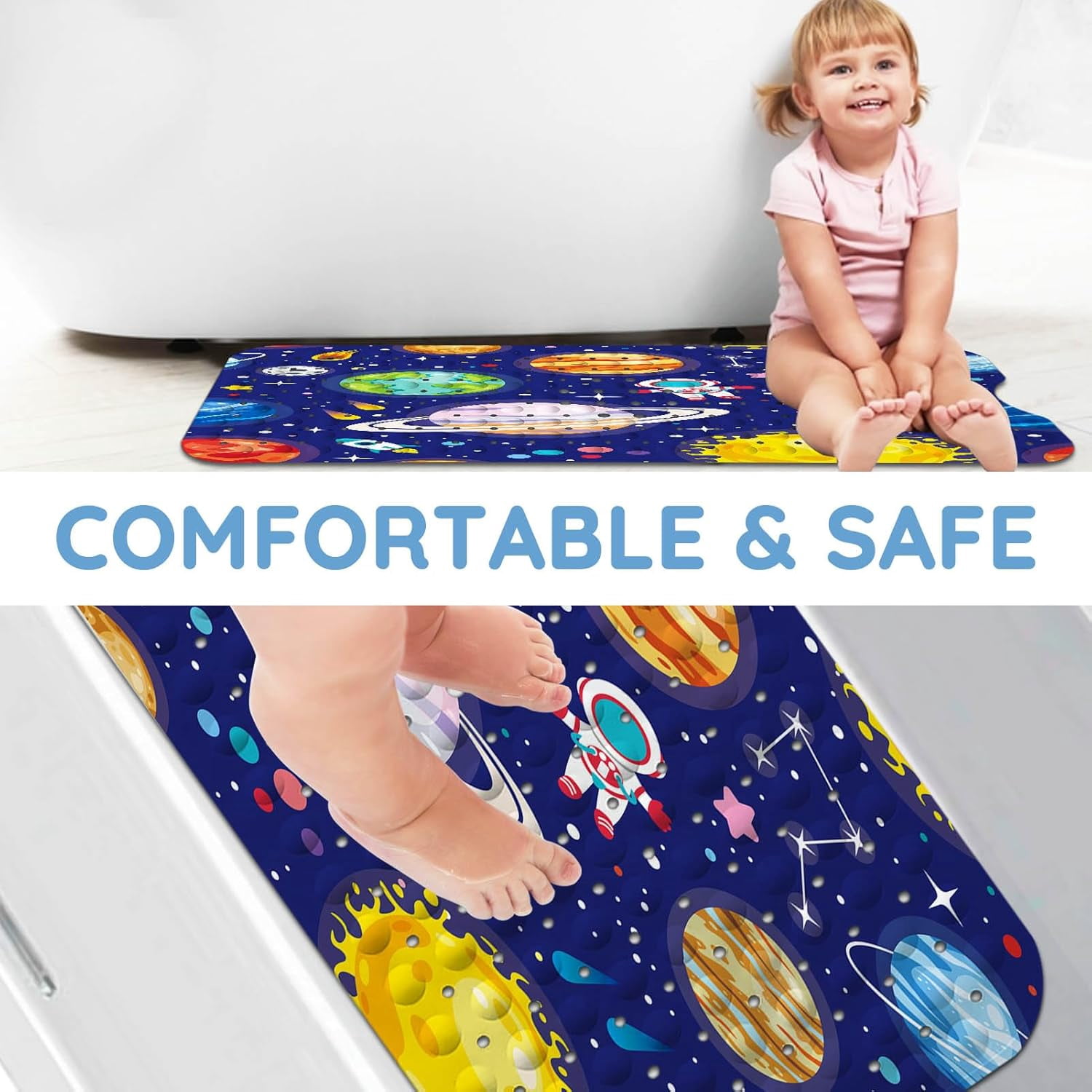Bathtub Mats for Kids, Blue Outer Space Bath Mat for Tub Non Slip, 40 X 16 Inch Large Washable Bathtub Mat Non Slip for Showers with Drain Holes and Suction Cups