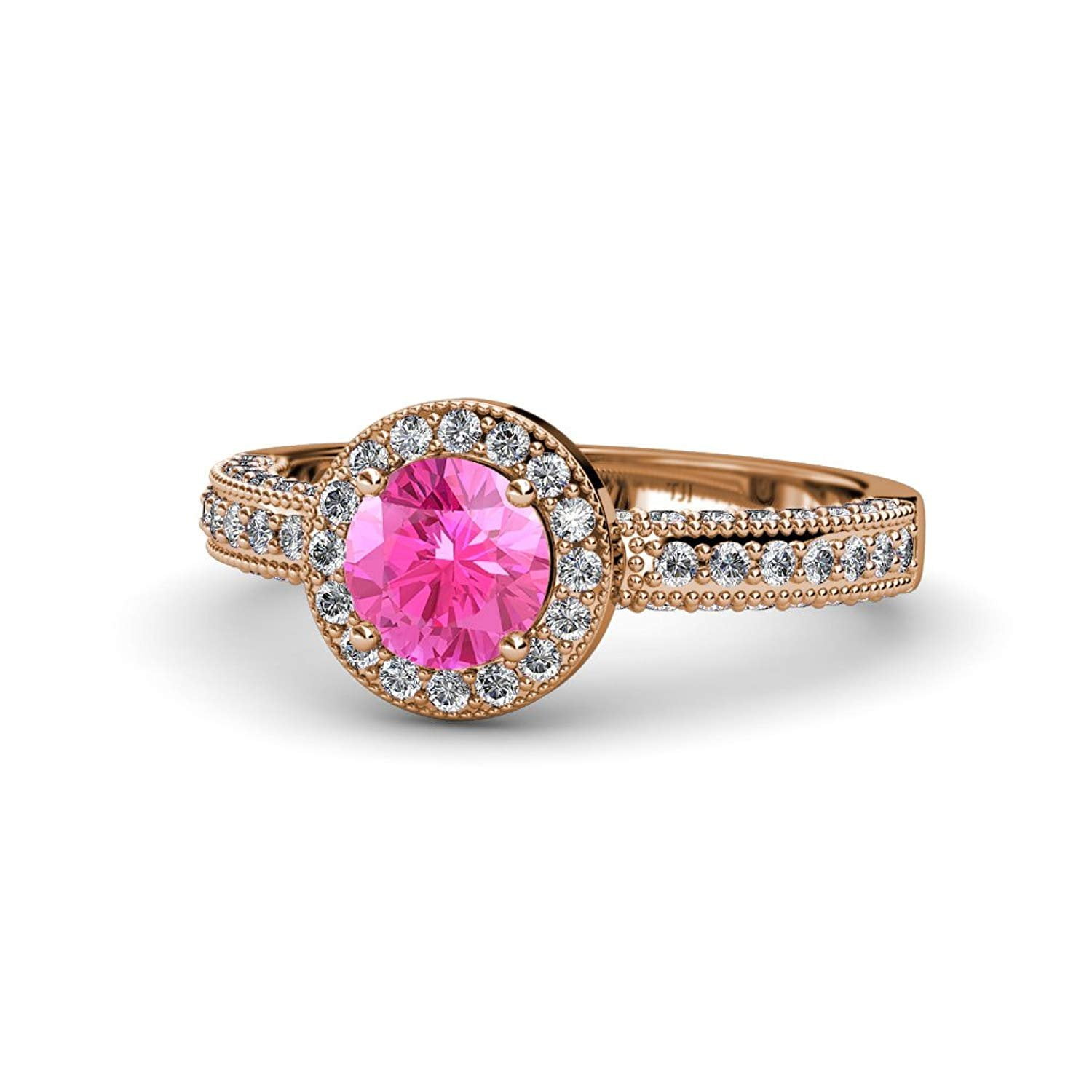 Pink Sapphire and Diamond Halo Engagement Ring with Milgrain Work 1.61 ct tw in 14K Rose Gold.size 5.0 by TriJewels
