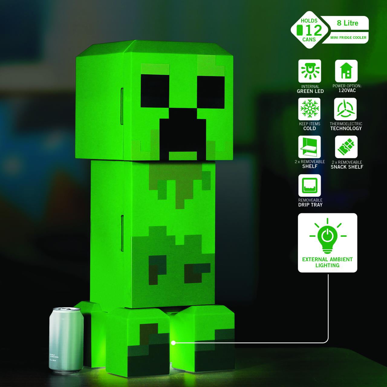 New Minecraft Green Creeper Body 12 Can Mini Fridge 8L 2 Door Ambient Lighting 25.2" H 9.5" W 9.1" D