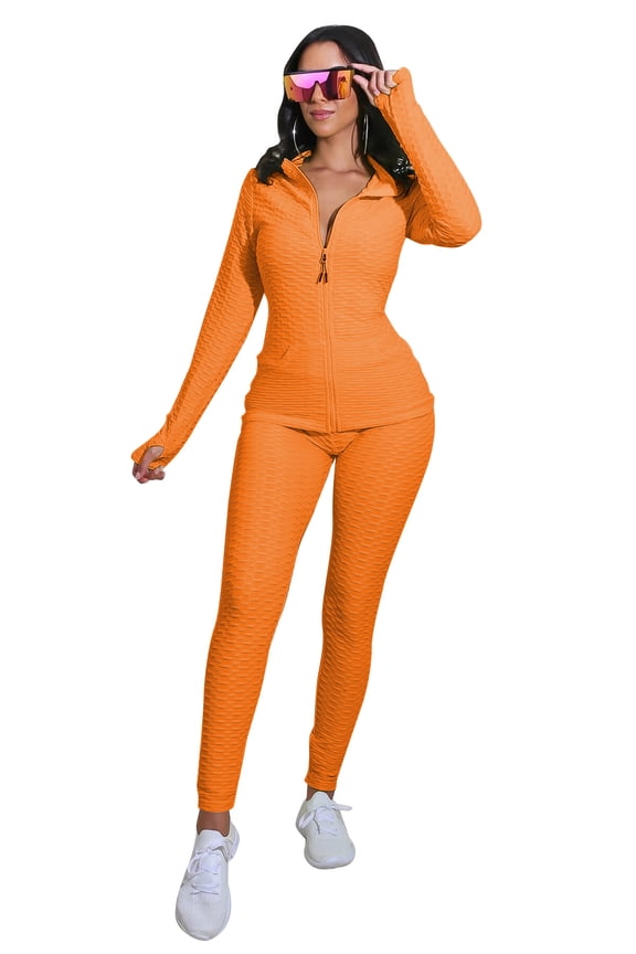Womens 2 Piece Orange Tracksuit Set Full Zipper Front Jacket Leggings Workout Outfit Sweatsuit