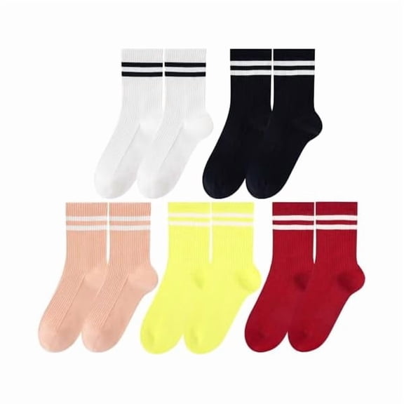 Eryueer 5 Pairs Solid Color Two Stripe Crew Socks Casual Athletic Socks for women Girls