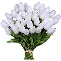 30pcs White 14" Artificial Latex Tulips Flowers for Wedding Party Home Decoration (White-30pcs)