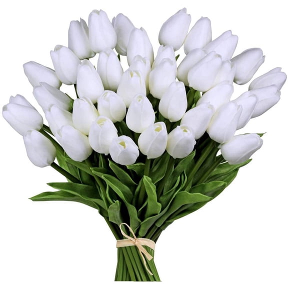 30pcs White 14" Artificial Latex Tulips Flowers for Wedding Party Home Decoration (White-30pcs)
