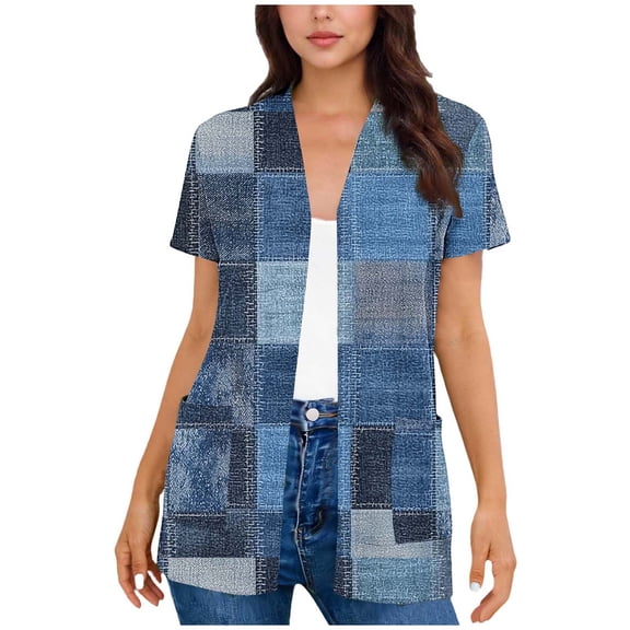 BaoFuBaoMei Short Sleeve Cardigan Sweaters for Women Plus Size Open Front Cardigan V Neck Midi Length Blouse Plaid Loose Tops with Pockets