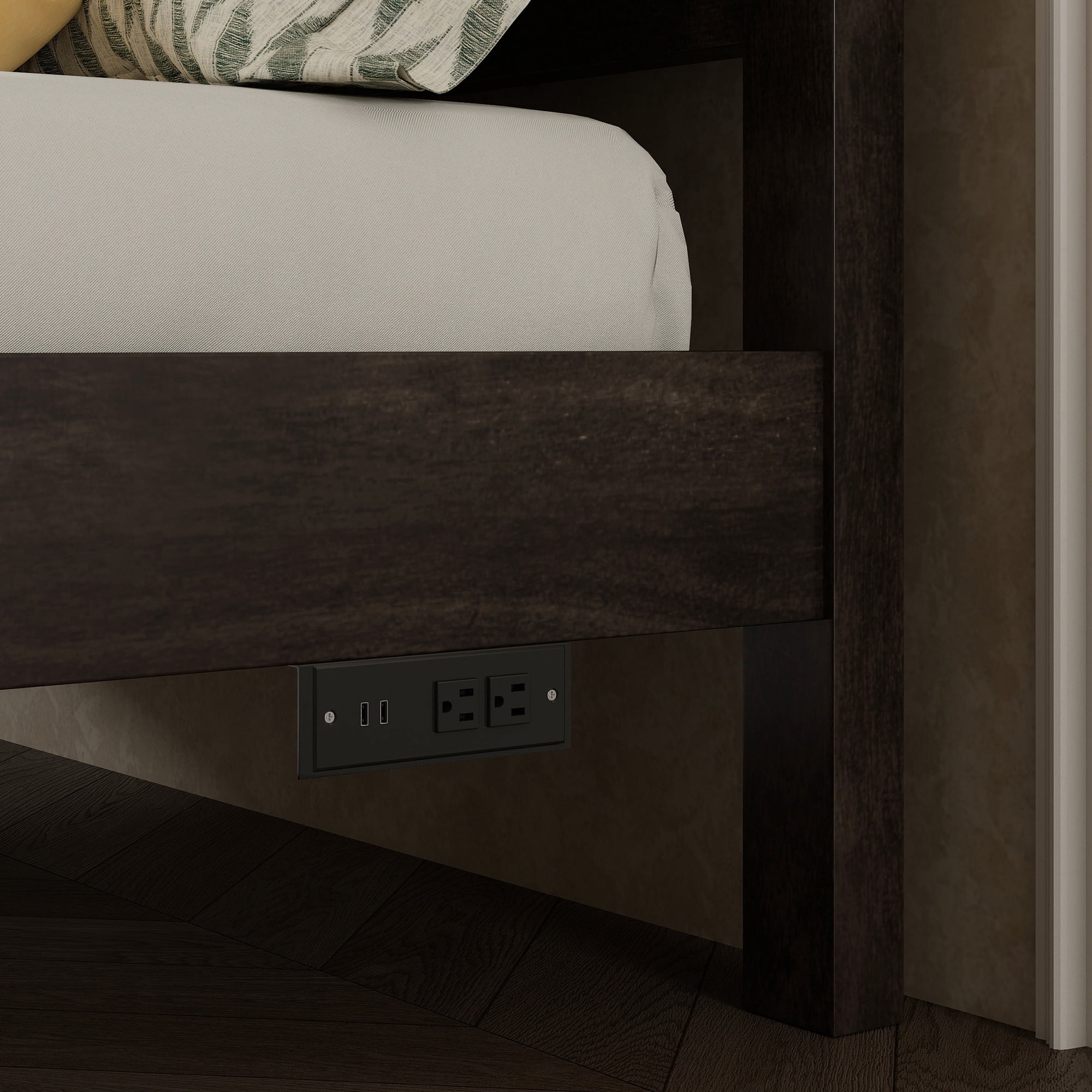 Mirightone Farmhouse King Size Bed Frame with Tall Headboard & Footboard and Built-in Charging Station, Wooden King Bed Frame with Wood Panel Bed Base, No Squeak, Rich Brown