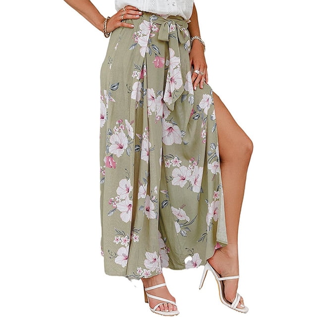 Pantalones largos de mujer Pantalones anchos de cintura alta Pantalones con nudo de corbata divididos en el muslo Pantalones casuales de verano