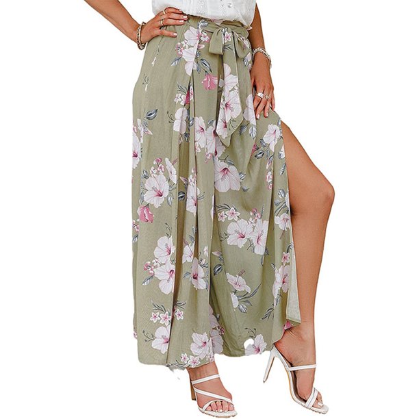 Pantalones largos de mujer Pantalones anchos de cintura alta Pantalones con nudo de corbata divididos en el muslo Pantalones casuales de verano Estampado floral de albaricoque XL