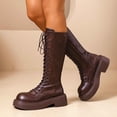 thumbnail image 4 of hopeusnice Round Toe Lace Up Side Zipper Knee High Boots Women Leather Boots for Street Style Brown 39, 4 of 7