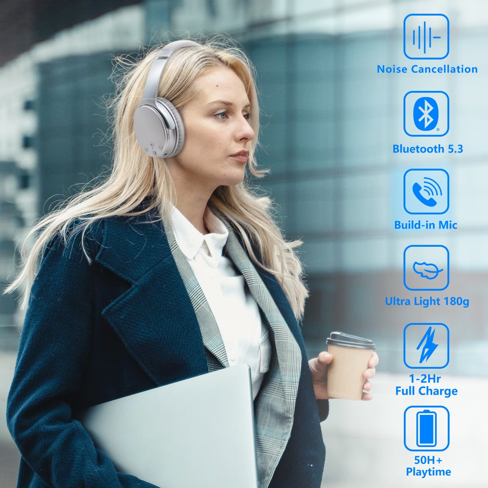 Srhythm NC35 Noise Cancelling Headphones, Wireless Bluetooth 5.3, 50+ Hours Playtime, Over-Ear