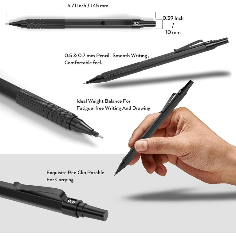 Nicpro 6pcs Art Mechanical Pencils Set, 3 Pcs Metal Drafting Pencil 0.5 mm & 0.7 mm & 0.9 mm and 3 Pcs 2mm Graphite Lead Holder (2B HB 2H) for Writing