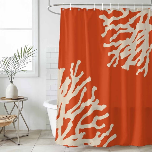 Coral Orange Waterproof Shower Curtain, Stall 36"x72" Washable Polyester Fabric Shower Curtains for Bathroom, Coastal White Ocean Marine Nautical Beach Decorative Bathtub Curtain Sets with Hooks