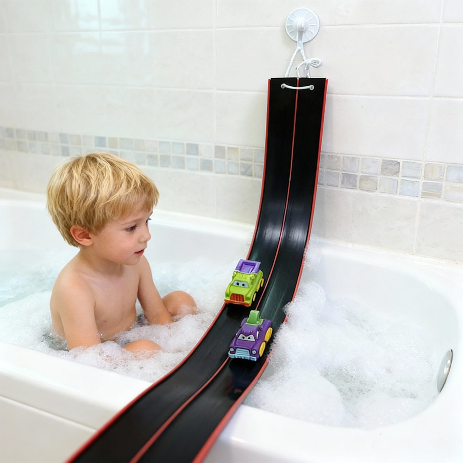 Dual Track Racing Car Suction Cup Slide Kids Bathroom Water Toy, Toddler Shower Time Distraction Interactive Water Table Play Routine, Non Toxic BPA Free Smooth Wall Mount Game For Babies Toddlers