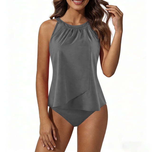 Conjunto de Bikini de Cintura Alta para Mujeres Conjunto de Bikini de Corte Alto para Mujeres Color Sólido Correa sin Espalda Bikini Color Bloqueo Fuera Del Hombro Tanjini Set