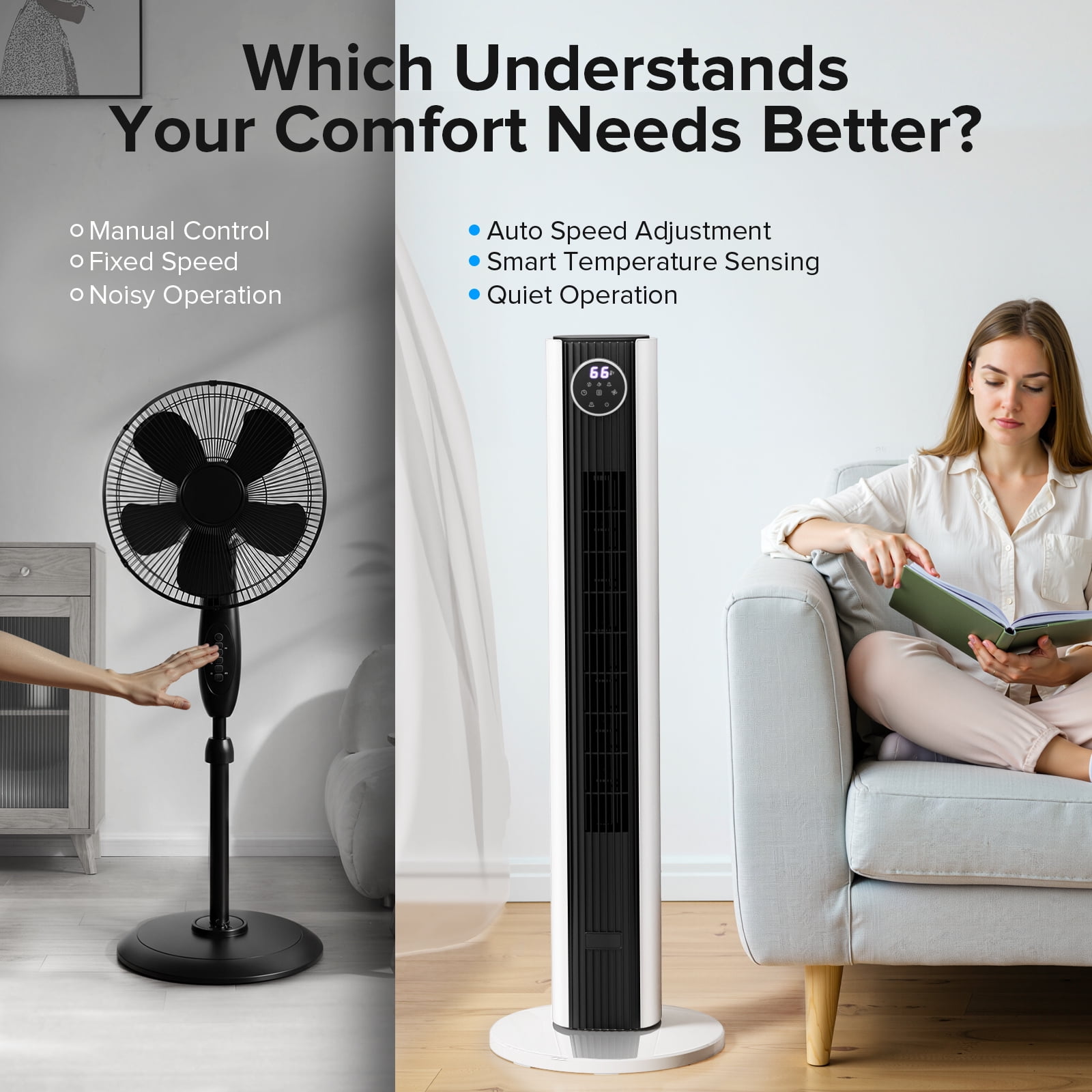 KISSAIR 35" Oscillating Tower Fan, Bladeless Floor Fan with Remote, 4 Modes & 3 Speeds, 12H Timer, Quiet & Family-Safe, LED Display, 85° Wide Cooling for Bedroom & Home  (Black - White mix)