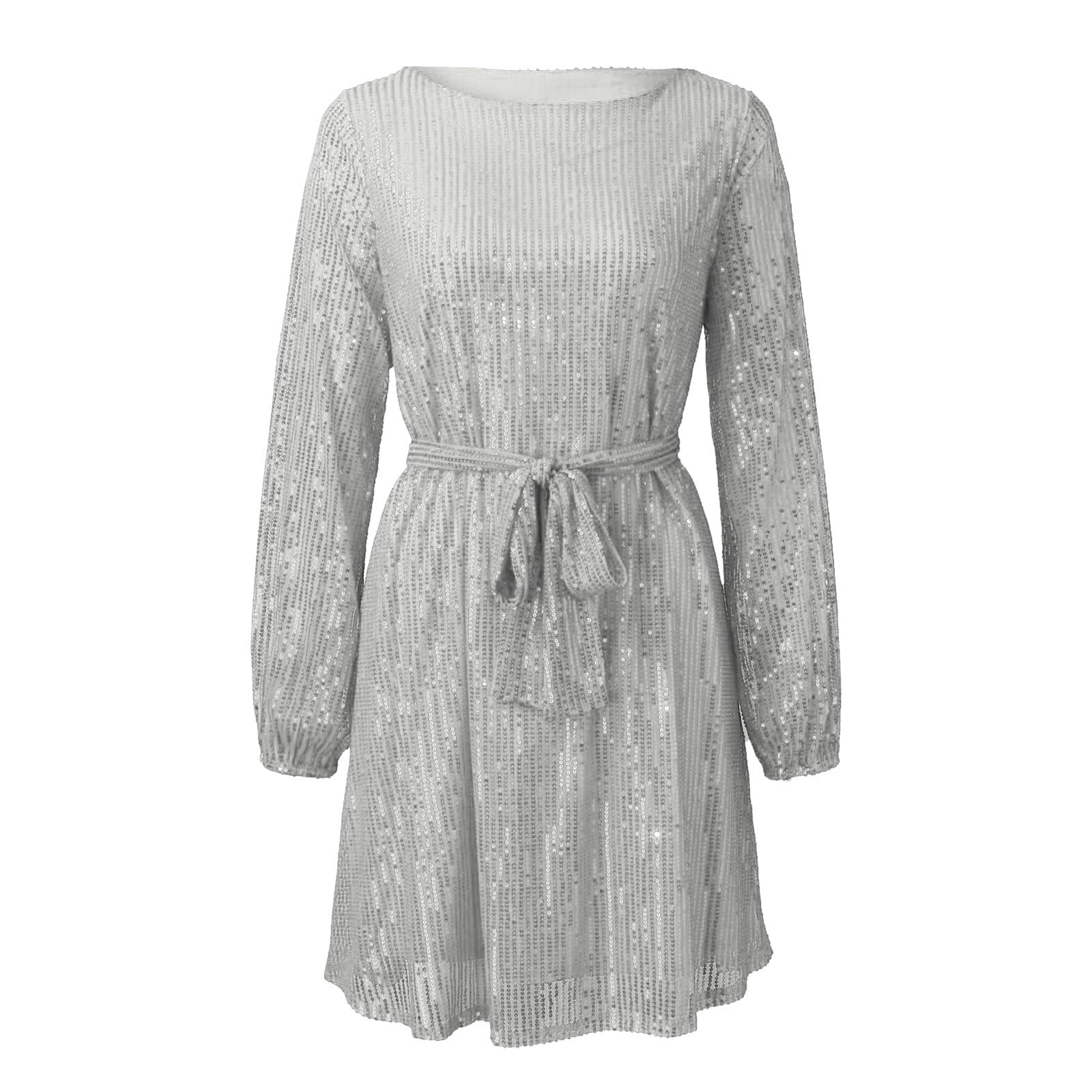 Women'S Sequin Dress Long Sleeve Deep Round Neck Belt Solid Color High  Waist Ruched Mid Length Loose Fit Sparkly Glitter Party Night Club Dresses  Elegant Vacation Dress - Walmart.com
