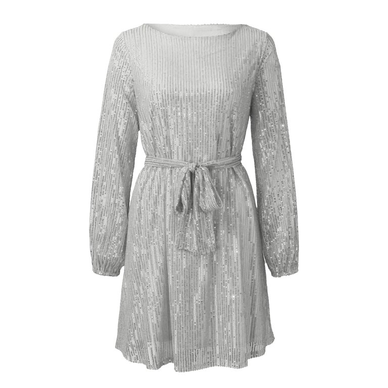 Dresses for Women 2025 Elegant Classy Holiday Party Sequin Beaded Lace Up  Long Sleeved Solid Maxi Dress Silver M - Walmart.com