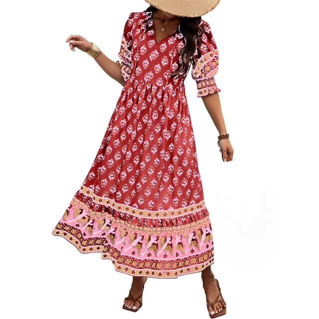 Puntoco Vestido De Manga Corta Con Cuello En V, Vestido Bohemio De Verano Con Cuello En V Y Cordones A La Moda Con Estampado De Manga Farol Y Cintura Alta Rosa Xxl