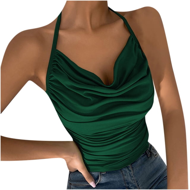 Camiseta sin mangas para mujer, camisola, camisetas sin mangas, informal, erógena, a la moda, con cuello Halter, camiseta con cuello apilado, blusa con tirantes pequeños Odeerbi ODB-5