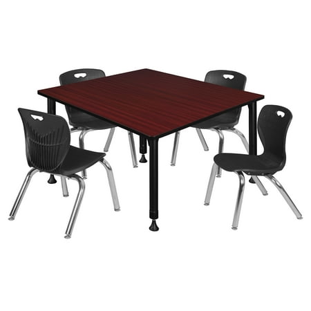 UPC: 0192357039632 | Regency 48 in. Kee Square Height Adjustable Classroom Table  Mahogany & 4 Andy 12 in. Stack Chairs – Black