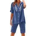 thumbnail image 2 of Womens Summer Linen 2 Piece Set Embroidered V Neck Button Shirt and Knee Length Casual Shorts Beach Vacation Outfits Blue XL, 2 of 7