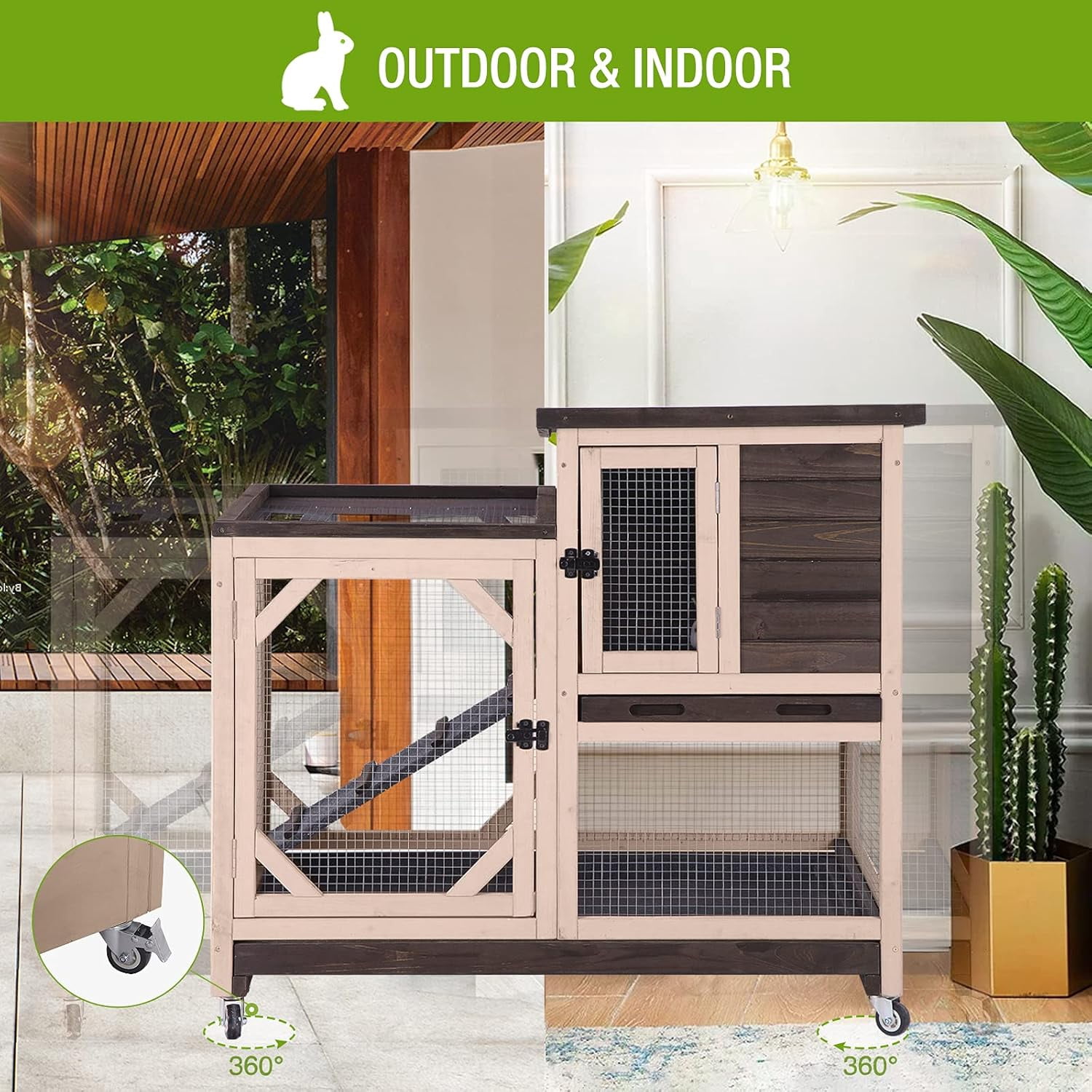 BUTINGLALE Indoor Outdoor Rabbit Hutch, Bunny Cage on Wheels with 2 Deep No Leakage Pull Out Trays (Without Bottom Wire Mesh-Coffee)
