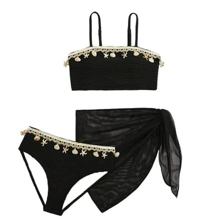 BJUTIR Girls Bathing Suits Two Piece Bikini Set Swimsuit Solid Color Tankini Top And Swim Shorts For Teen Youth Popular Summer Beachwear Black Size 11-12 Years