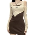 thumbnail image 3 of Vestido ajustado con hombros descubiertos Vestido elástico de manga larga elástico y ajustado para mujer para citas Marrón L, 3 of 8