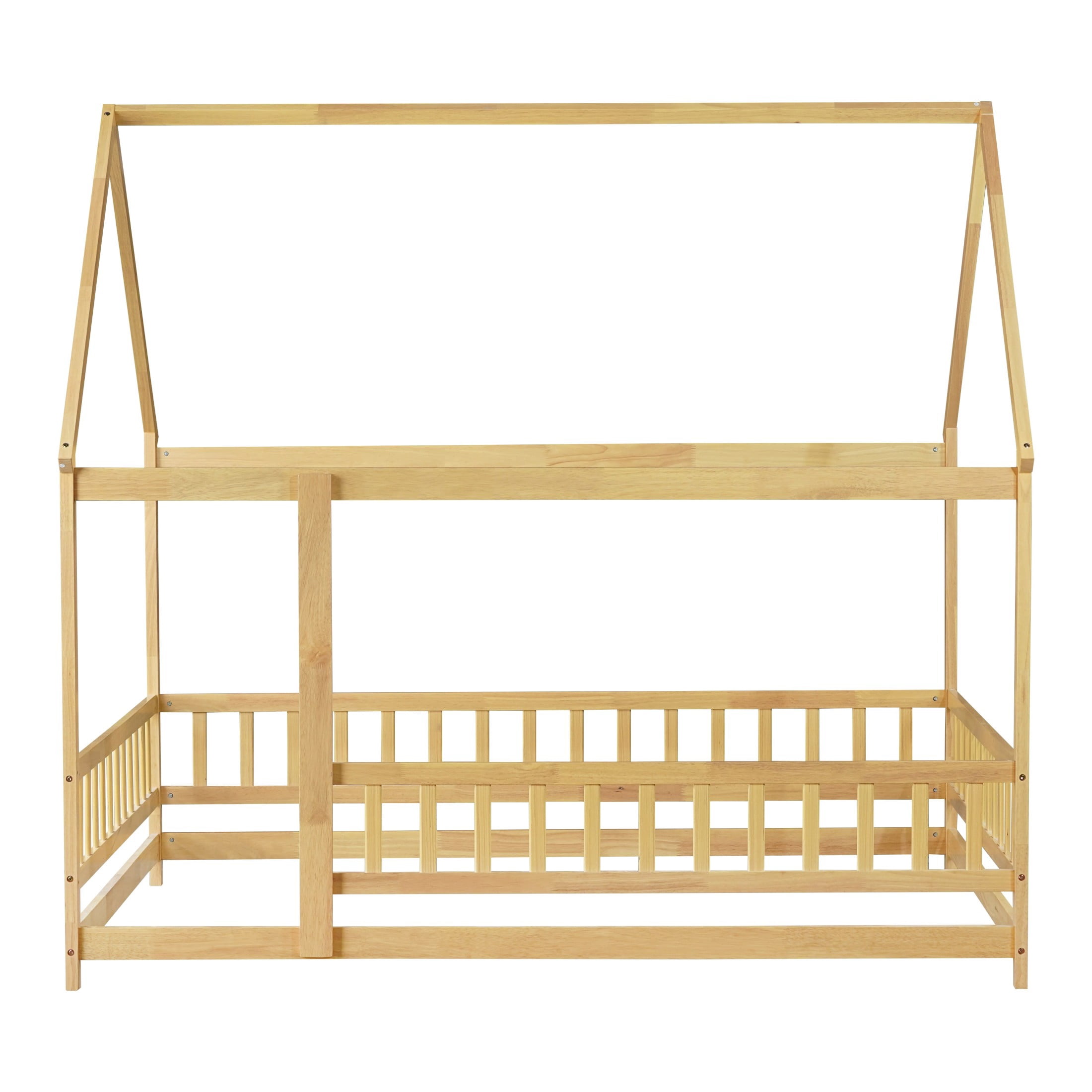 Noble House Travis Full House Floor Bed with Roof Frame and Safety Fence, Sturdy Wood Montessori Bed, Natural