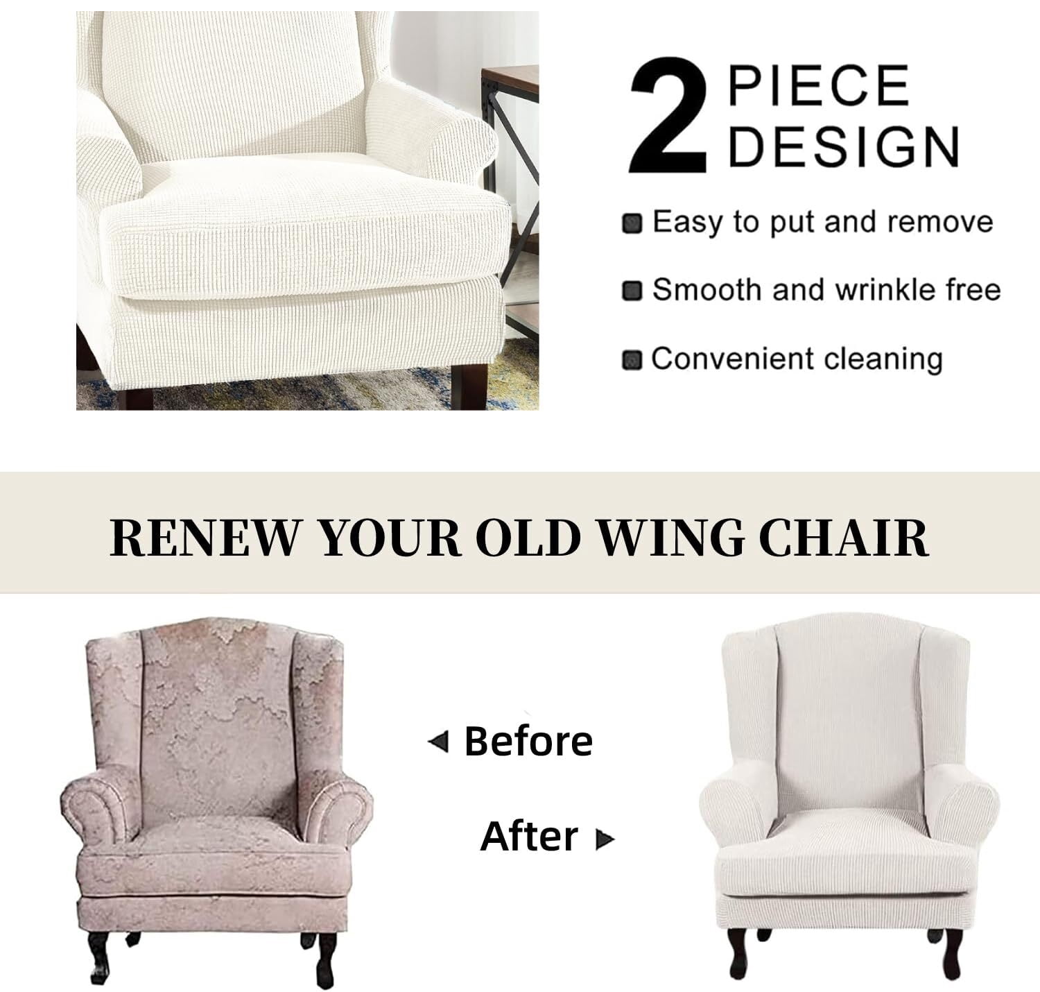 LKJYER Wing Chair Slipcovers 2 Pieces Stretch Spandex Wingback Chair Covers Sofa Slipcover Washable Armchair Protector Cover for Living Room and Bedroom