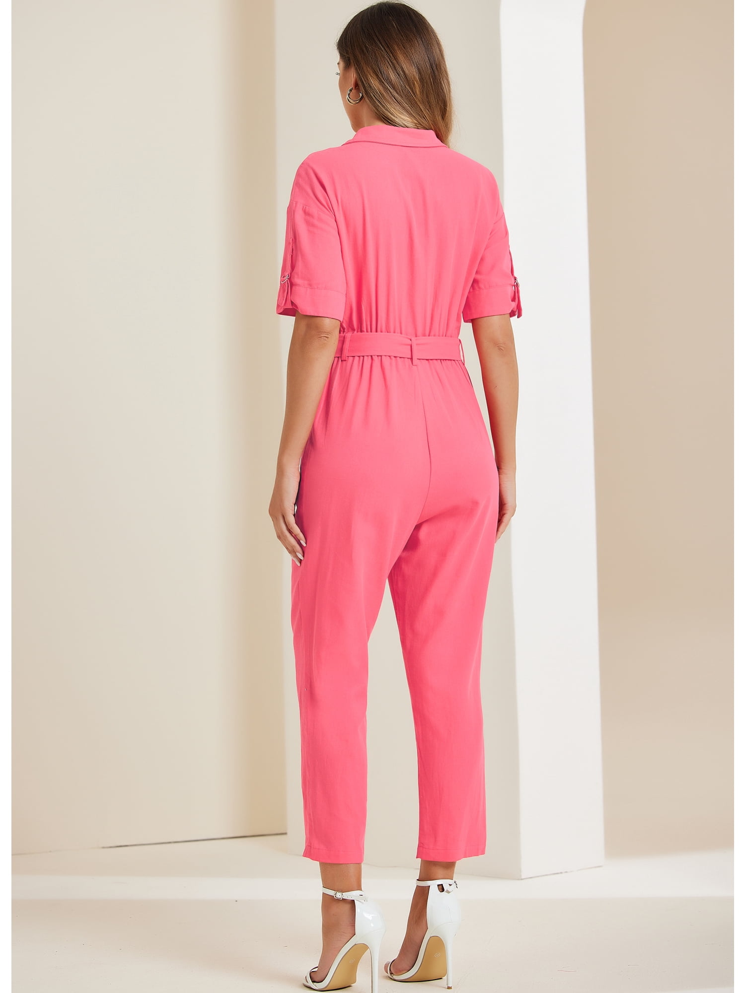 DARING DIVA Women's Button Up Tie Waist Jumpsuit with Pockets XS Watermelon Red