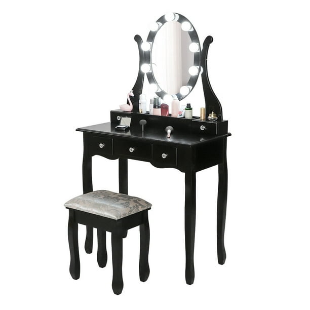 Volage Makeup Vanity With Mirror, Cotonie Vanity Set With Lighted Mirror Cushioned Stool Dressing Table Makeup