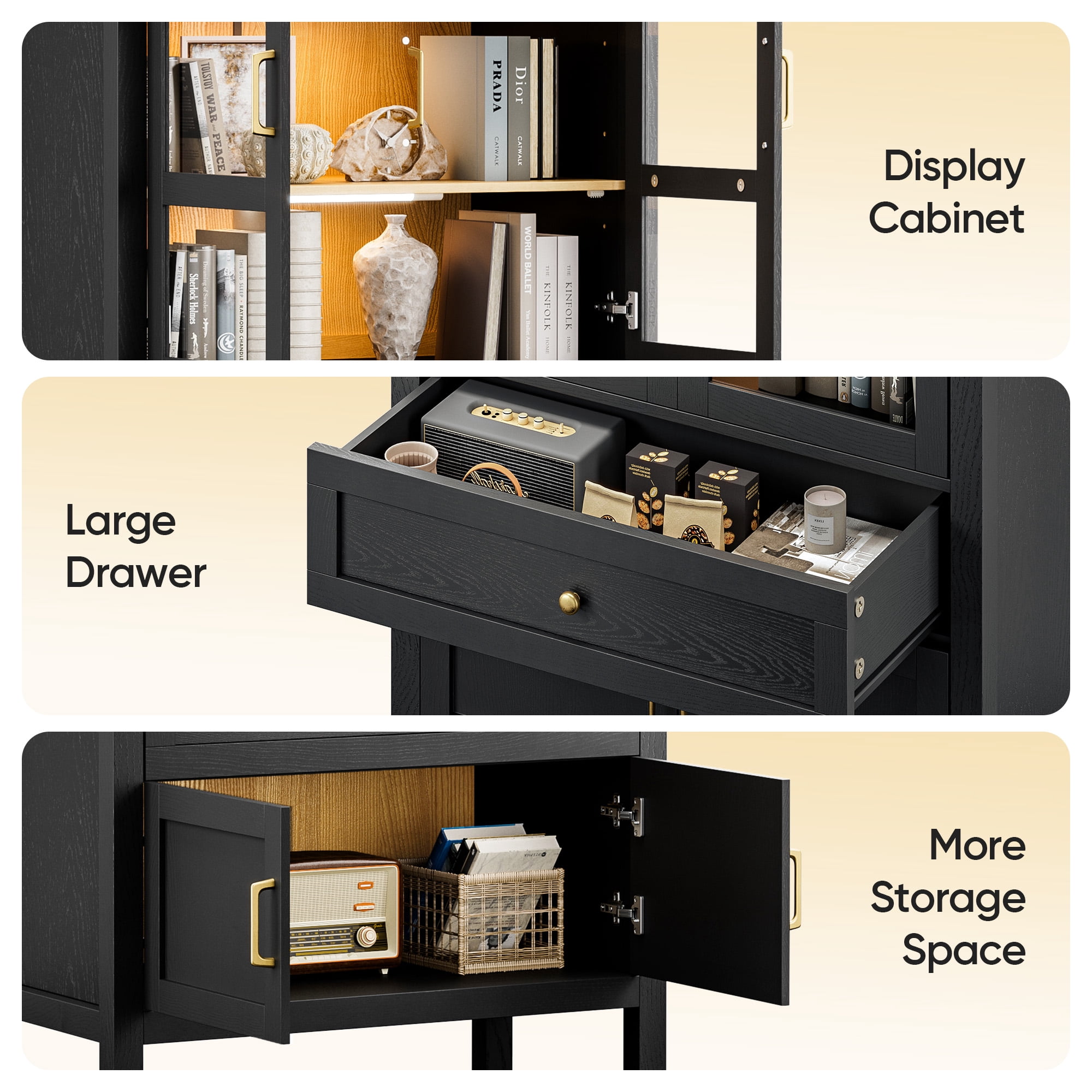 Raffle Pinker 71" Arched Kitchen Pantry Cabinet Display Storage Cabinet with Glass Doors, Black